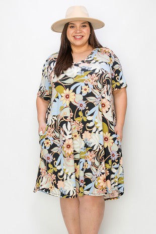 28 PSS {Way Back When} Black Floral V-Neck Dress EXTENDED PLUS SIZE 4X 5X 6X