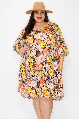 52 PSS {Keeping Positive} Mustard Floral V-Neck Dress EXTENDED PLUS SIZE XL 2X 3X 4X 5X 6X