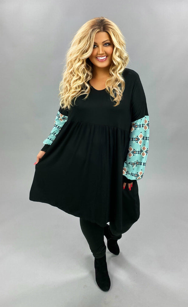 SALE!! 12 CP-C {Just Admit It} Black With Blue Tribal Printed Sleeve Tunic  PLUS SIZE XL 2X 3X