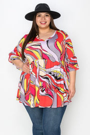 28 PSS {Graceful Beauty} Red Abstract Print Babydoll Tunic  EXTENDED PLUS SIZE 3X 4X 5X