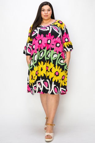 27 PQ {Living Bold} Black/Multi Large Floral V-Neck Dress EXTENDED PLUS SIZE 3X 4X 5X 6X