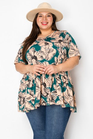 42 PSS {No Drama Just Style} Teal Green Floral Ruffle Hem Top EXTENDED PLUS SIZE 3X 4X 5X