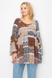 66 PQ {Classic Idea} Mocha Patchwork Print Babydoll Top CURVY BRAND!!! EXTENDED PLUS SIZE 4X 5X 6X