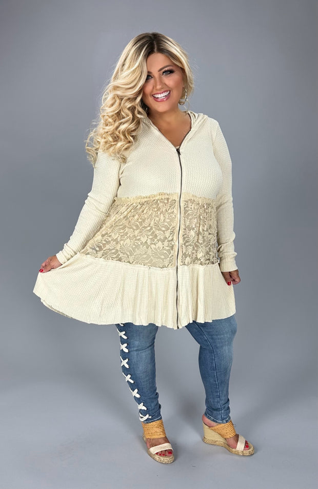 52 OT {Be That Girl} VOCAL Cream Waffle Knit Hoodie w/ Lace Detail PLUS SIZE XL 2X 3X