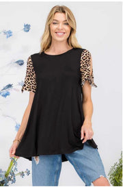 54 CP-A {Cultivated Allure} Blk  Leopard Tied Sleeve Contrast Top PLUS SIZE 1X 2X 3X