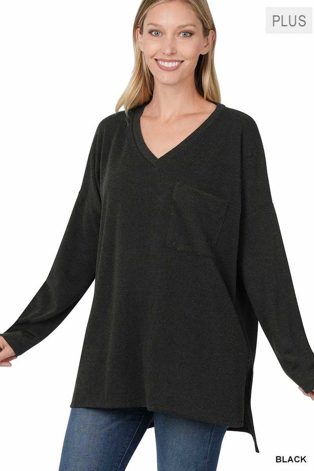 94 SLSL {All On You} Black Melange Jacquard V-Neck Top PLUS SIZE 1X 2X 3X