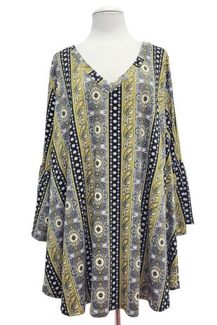 36 PQ {Harvest Moon} Black Mustard Paisley V-Neck Tunic EXTENDED PLUS SIZE 3X 4X 5X