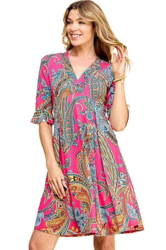 SALE!! 45 PSS-D {Life's A Dance} Fuchsia Paisley Printed Dress PLUS SIZE 1X 2X 3X