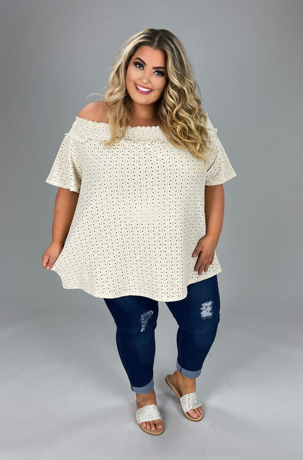 SALE!! 78 OS-A {Such A Sweetie} Taupe Eyelet Off Shoulder Top PLUS SIZE 1X 2X 3X