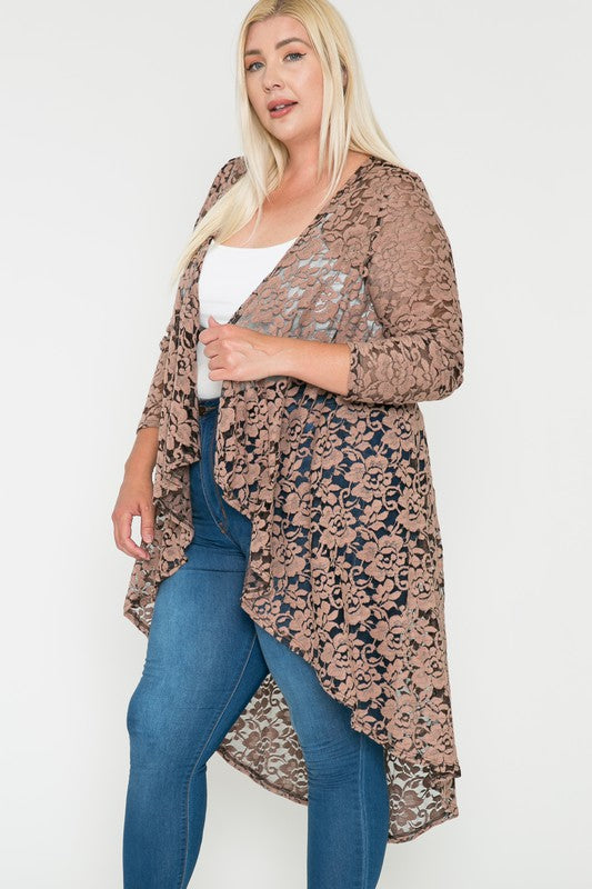 LD {Easily Charmed} Mocha Floral Lace Cardigan PLUS SIZE 1X 2X 3X