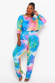 LD-D {Dye To Try} Blue Tie Dye Off Shoulder Jumpsuit PLUS SIZE 1X 2X 3X