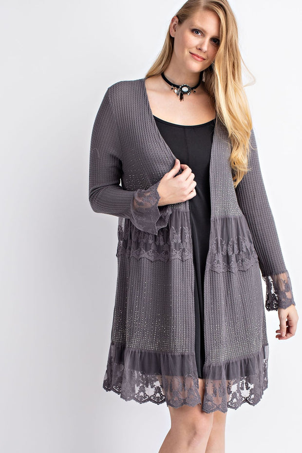 13 OT {Need You Back} VOCAL Charcoal Waffle Knit & Lace Cardigan PLUS SIZE XL 2X 3X