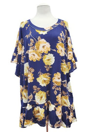 35 PSS {Easy On Me} Navy/Gold Floral Ruffle Hem Top EXTENDED PLUS SIZE 4X 5X 6X