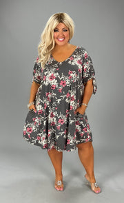 SALE!! 46 PSS-J {Highier Standards} Grey Floral V-Neck Dress PLUS SIZE 1X 2X 3X