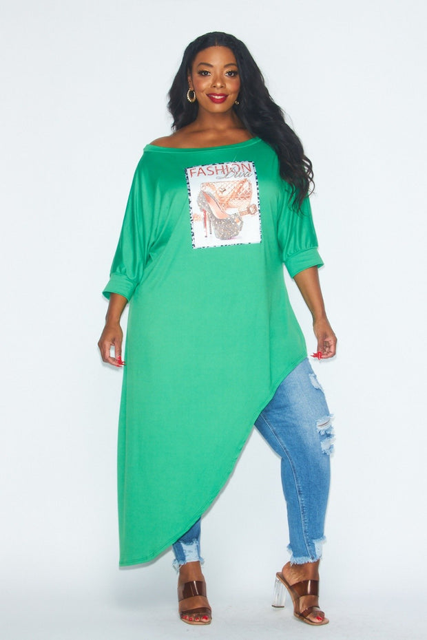 LD-I {Fashion Diva} Green Asymmetrical Tunic w/Sequins PLUS SIZE 1X 2X 3X