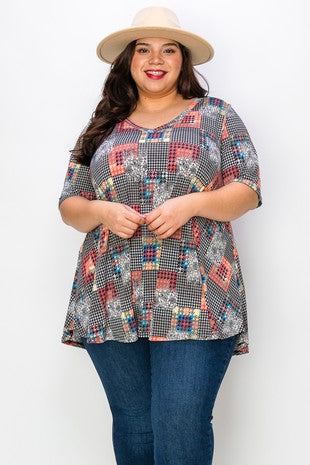 24 PSS {Refreshing View} Black Multi-Print Checkered Top  EXTENDED PLUS SIZE 1X 3X 4X 5X 6X