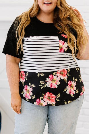 31 CP {Striped Beauty} Black/Ivory Stripe Floral Print Top PLUS SIZE 3X