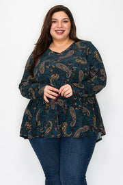 56 PLS {The Way Things Go} Teal Paisley Print V-Neck Top EXTENDED PLUS SIZE 3X 4X 5X