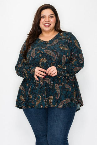 56 PLS {The Way Things Go} Teal Paisley Print V-Neck Top EXTENDED PLUS SIZE 3X 4X 5X