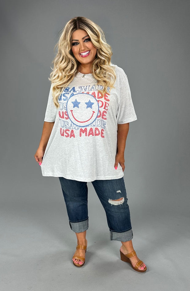 36 GT {USA Made Smiley} Ash Grey Graphic Tee PLUS SIZE 1X 2X 3X