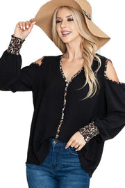 46 OS {Leopard Defined} Black Cold Shoulder Top PLUS SIZE XL 2X 3X