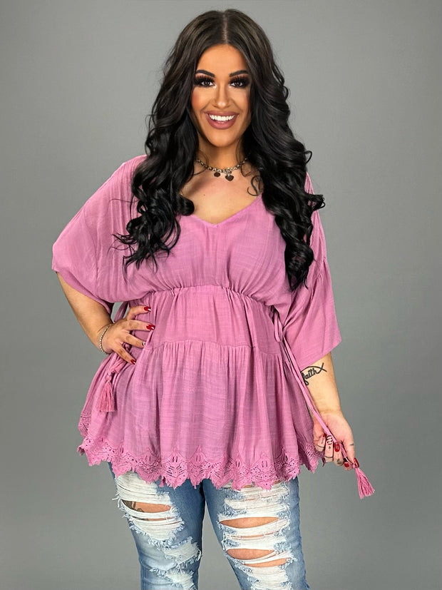 SALE!! SSS-A {Here Comes A Queen} Pink V-Neck Top with Crochet Hem