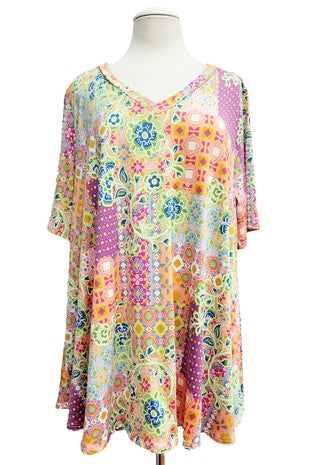 63 PSS {Meant For You} Green/Multi-Color Mixed Print Top EXTENDED PLUS SIZE 3X 4X 5X (True To Size)