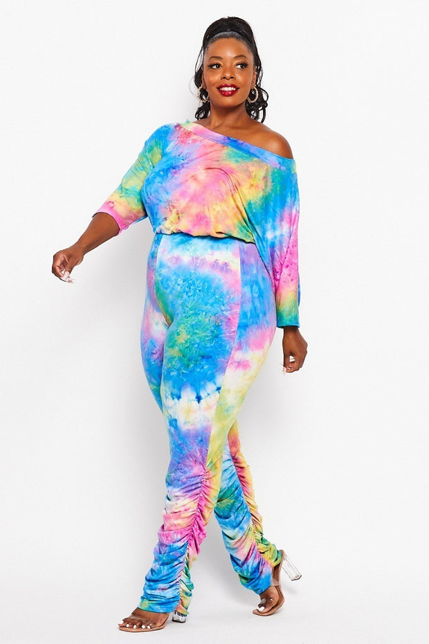 LD-D {Dye To Try} Blue Tie Dye Off Shoulder Jumpsuit PLUS SIZE 1X 2X 3X