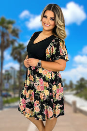 SALE!! 67 CP-D {Weekend Goals} Black Floral V-Neck Dress PLUS SIZE 1X 2X 3X