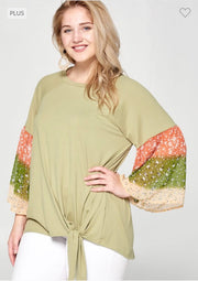 SALE!!   60 CP-Z {Charming Attitude} Sage Top w/Floral Sleeve PLUS SIZE 1X 2X 3X