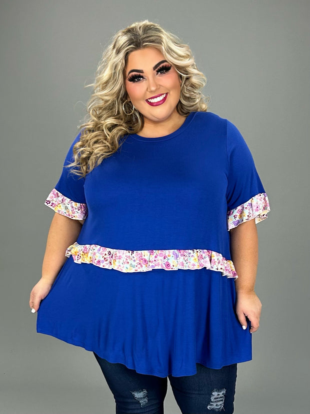 SALE!! 58 PSS-D {Appreciate You} Royal Blue Tunic w/Floral Contrast CURVY BRAND!! EXTENDED PLUS SIZE 1X 2X 3X 4X 5X 6X  (May Size Down 1 Size)