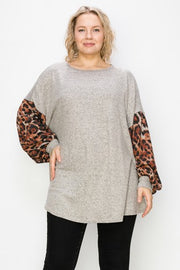 34 CP {Keeping Score} Grey Tunic w/Brown Leopard Sleeves EXTENDED PLUS SIZE 3X 4X 5X