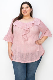 24 SSS {Can't Talk Now} Ruffle Neck Open Weaved Pink Sweater EXTENDED PLUS SIZE 4X 5X 6X