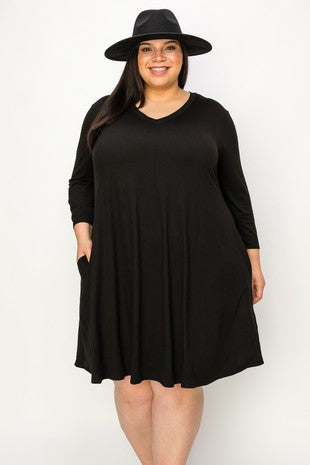 29 SQ {My Go To} Black V-Neck Dress w/Pockets EXTENDED PLUS SIZE 1X 2X 3X 4X 5X