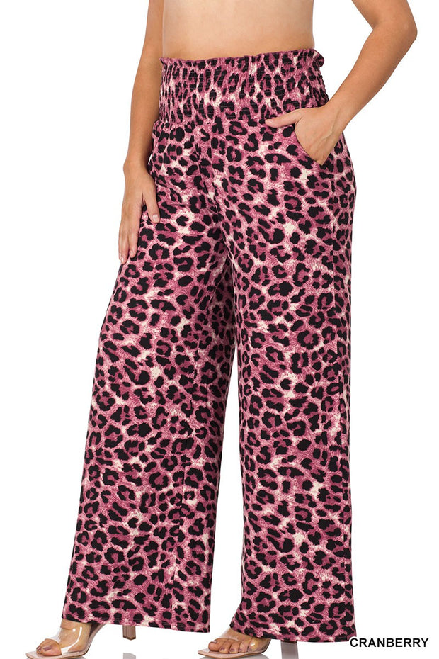 LEG-5 {Call It A Hunch} Cranberry Leopard Wide Leg Pants PLUS SIZE 1X 2X 3X