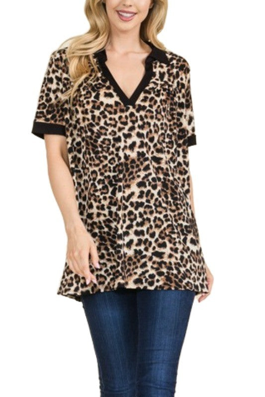 29 CP {Content To Roam} Leopard/Black Trim V-Neck Top PLUS SIZE 1X 2X 3X