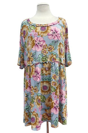 SALE!! 19 PSS {Petals In Paradise} Sky Blue Floral Babydoll Tunic  EXTENDED PLUS SIZE 4X 5X 6X