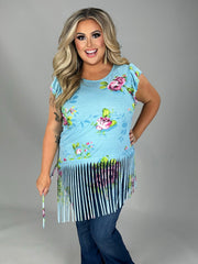 67 PPS-Q { Slanted Rose} Light Blue Tunic W/ Roses  PLUS SIZE 1X 2X 3X