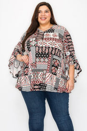 42 PQ {Something To See} Black/Ivory Mixed Print V-Neck Top  EXTENDED PLUS SIZE 4X 5X 6X