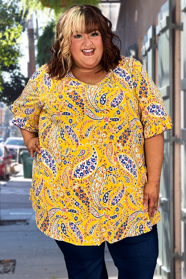 SALE!! 67 PSS-C {Absolute Treasure} Yellow Paisley Floral Top PLUS SIZE XL 2X 3X 4X 5X 6X