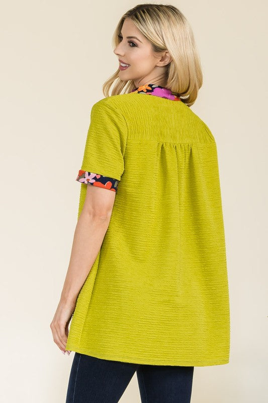 29 CP {Perfect Balance} Pistachio Textured Top w/Floral Trim PLUS SIZE 1X 2X 3X