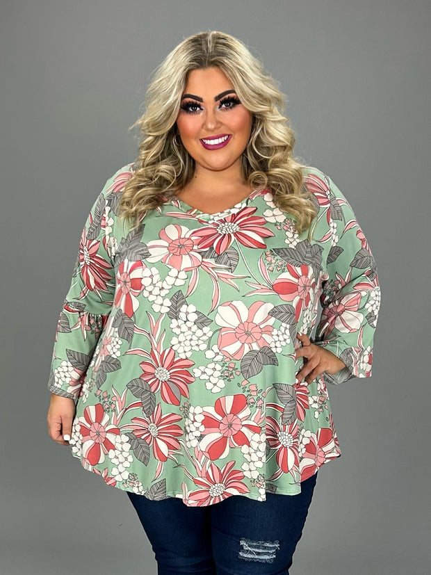 SALE!! 27 PQ {Dedicated To You} Sage Floral V-Neck Top EXTENDED PLUS SIZE 3X 4X 5X