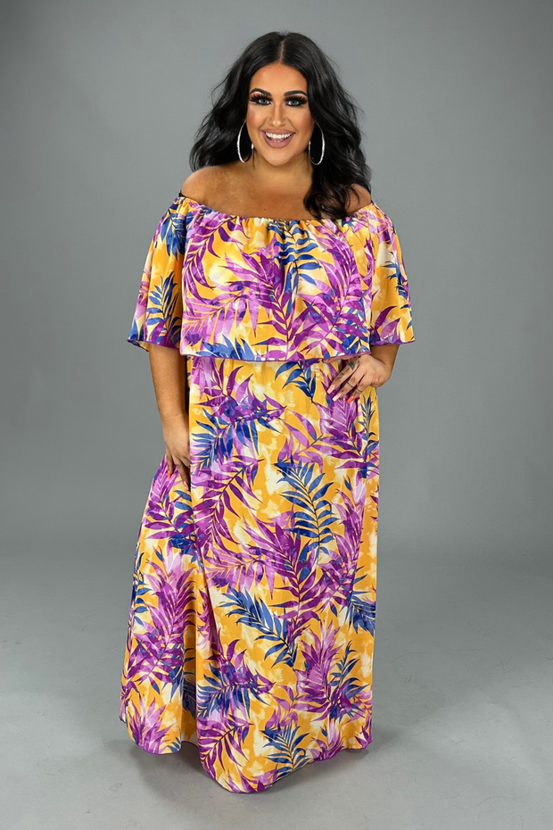 LD-A {Waiting On Love} Yellow/Orange Leaf Print Maxi Dress PLUS SIZE 1X 2X 3X