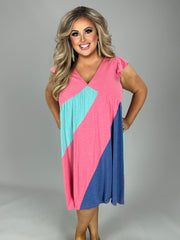 94 PSS-V {Lattes First} Pink Color Block V-Neck Dress PLUS SIZE 1X 2X 3X