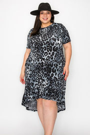 LD-T {Fearless Feline} Grey Leopard Print Hi-Low Dress EXTENDED PLUS SIZE 3X 4X 5X