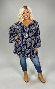 90 PQ {Southern Drawl} Navy/Orange Paisley Print V-Neck Top EXTENDED PLUS SIZE 3X 4X 5X