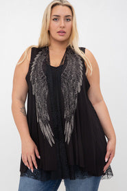 33 OT {Angel Wings & Lace} VOCAL Black Lace Vest w/Ribbed Front  PLUS SIZE XL 2X 3X