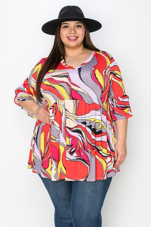 70 PSS {Graceful Beauty} Red Abstract Print Babydoll Tunic EXTENDED PLUS SIZE 3X 4X 5X