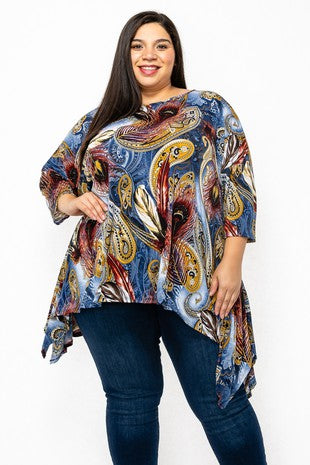 31 PQ {Expect The Best} Navy Paisley Feather Print Top EXTENDED PLUS SIZE 3X 4X 5X (True to Size}