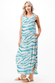 LD-D {All Over Again} Aqua Print Sleeveless Maxi Dress PLUS SIZE 1X 2X 3X